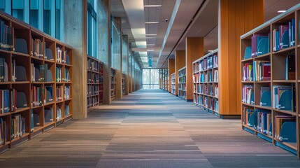 Empty college library corridor with rows of bookshelves, quiet study environment, educational atmosphere
