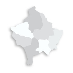 Kosovo political map of administrative divisions - districts. Grey blank flat vector map with dropped shadow.