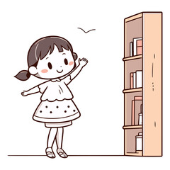 Illustration of a girl standing in front of a bookcase.