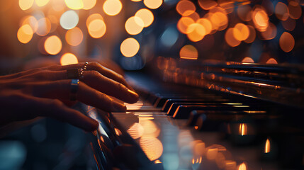 Piano playing in warm ambience, bokeh on Christmas lights  - obrazy, fototapety, plakaty