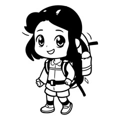 Cute Girl Hiking with Backpack Cartoon Vector Illustration.