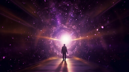 Silhouette of a man walking into the light, afterlife concept