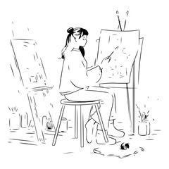 Young woman painting a picture on easel. Hand drawn vector illustration.