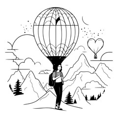 Vector illustration of a woman flying in a hot air balloon in the mountains.