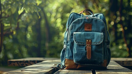 Colorful backpack with school supplies on rustic wooden background surrounded by nature - education concept