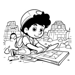 Illustration of a Kid Boy Studying at the Archaeological Site