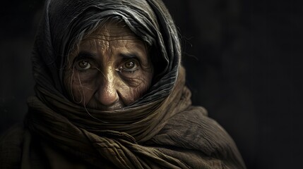 A portrait of an old woman with a brown headscarf wrapped around face