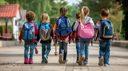 Group of joyful kids walking together to school in the morning, backpacks slung over their shoulders, ready for a day of learning and adventures