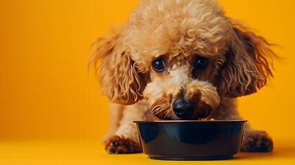 Poodle enjoys meal in a black feeder made of plastic