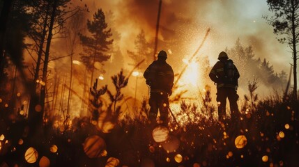 Fototapeta premium Firefighter fighting to put off fire flames in forest