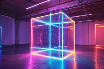 Mesmerizing Abstract neon cube. Space glow bow. Generate Ai