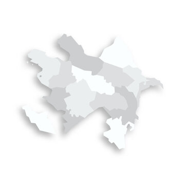 Azerbaijan political map of administrative divisions - districts, cities and autonomous republic of Nakhchivan. Grey blank flat vector map with dropped shadow.