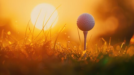 close-up of the tee pegs and golf ball against a sunset-colored green background, concet of international Golf Day - obrazy, fototapety, plakaty