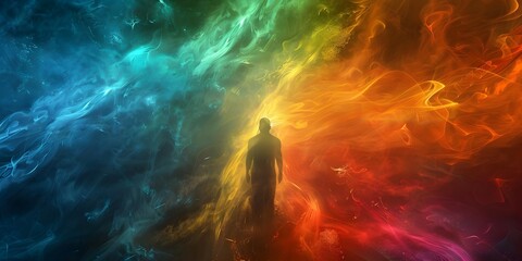 The photo captures the colorful energy field around a human figure. Concept Aura Photography, Energy Field, Human Figure, Colorful, Vibrant
