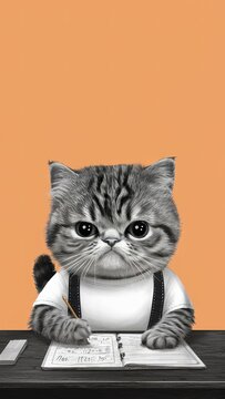 Cute little cat doing homework