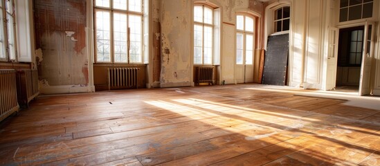 Fototapeta premium A spacious room with natural wood flooring and large windows letting in ample daylight