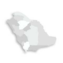 Saudi Arabia political map of administrative divisions - provinces or regions. Grey blank flat vector map with dropped shadow.