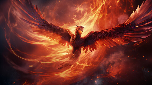 Intense flying phenix, red bird with fire