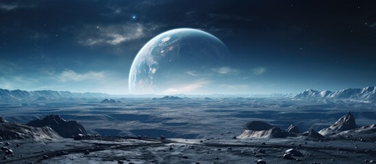 A scene depicting the view of a planet from the surface of an expansive space