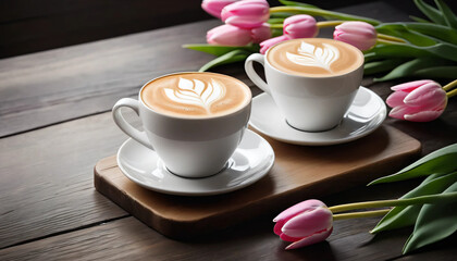 cup of coffee and tulips
