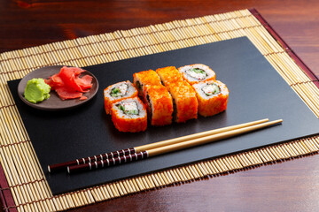 Sushi, California rolls with crab meat. Lunch. Japanese food.
