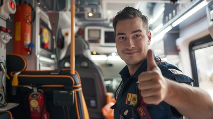 Portrait of happy male rescue personnel staff with thumbup gesture - obrazy, fototapety, plakaty