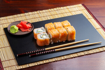 Sushi, Philadelphia rolls with cheese and cucumber. Lunch. Japanese food.