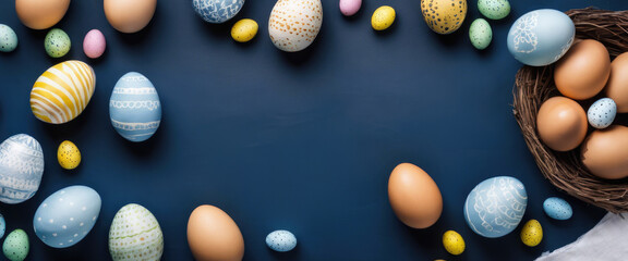 A blue background with basket eggs and a blue egg with a yellow stripe - obrazy, fototapety, plakaty
