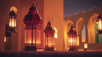 Fototapeta premium islamic lantern background Ideal for ramadhan festive, eid fitr, eid adha, islamic background , cozy, warm, holidays, invitations, and decorations, ratio 16:9px