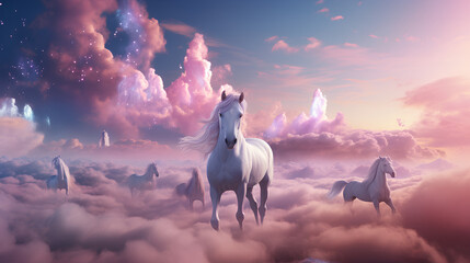 Obraz na płótnie Canvas white horses in a pink landscape made of clouds, fantasy