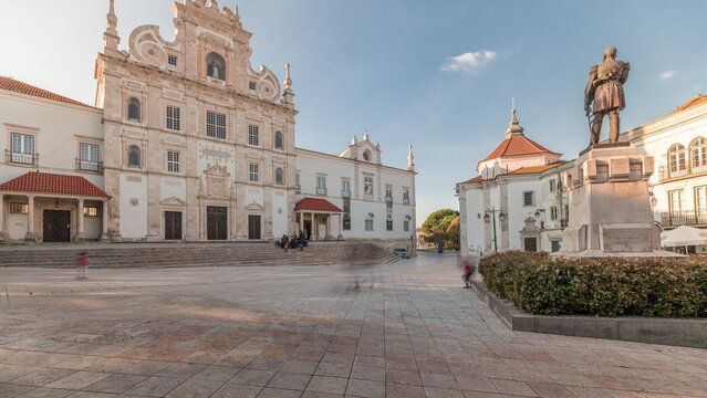 Panorama showing Sa da Bandeira Square with a view of the Santarem See Cathedral timelapse. Portugal