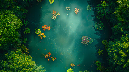 Fototapeta na wymiar Top view of a tranquil lake with lily pads, ample copy space, no text, no logo, no brand, no letters, Cinematic, serene colors, wallpaper style, master piece, background, photorealistic