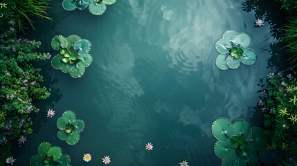 Obraz na płótnie Canvas Top view of a tranquil lake with lily pads, ample copy space, no text, no logo, no brand, no letters, Cinematic, serene colors, wallpaper style, master piece, background, photorealistic