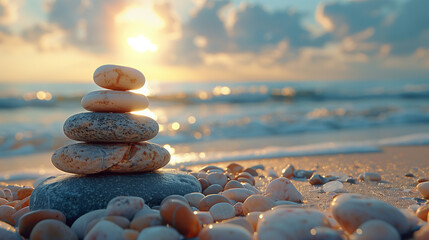 Pile of Zen stones on the sand on a beach with a blurred background at sunset, copy space, Zen concept, balance, peace, meditation, concentration, harmony, relaxation.