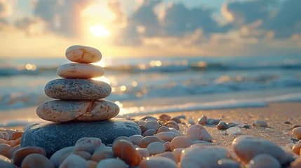 Papier Peint photo Pierres dans le sable Pile of Zen stones on the sand on a beach with a blurred background at sunset, copy space, Zen concept, balance, peace, meditation, concentration, harmony, relaxation.