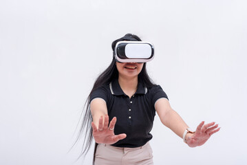 Young Asian woman experiencing virtual reality, isolated on white