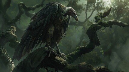 A grim vulture, wearing a tattered cloak and clutching a scythe, perches atop a gnarled tree in the shadowy forest , super detail