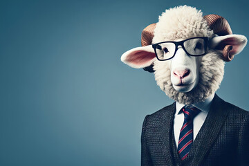 A sheep wearing glasses and suit - obrazy, fototapety, plakaty