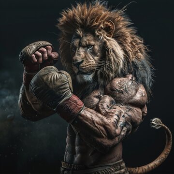 A fierce lion, gloves raised Muay Thai master of the savannah , super realistic