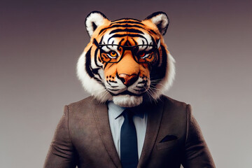 man wearing suit and glasses is wearing tiger mask anthropomorphic - obrazy, fototapety, plakaty