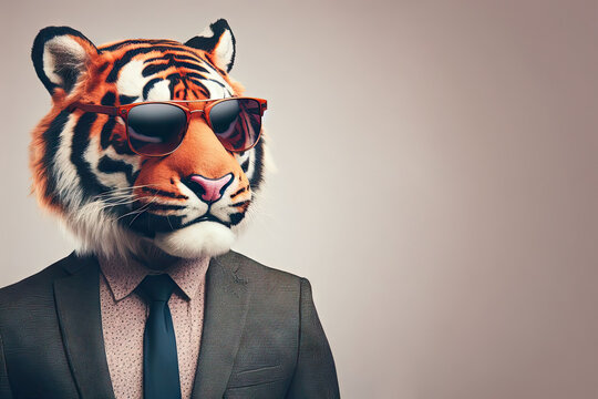 man in suit and tie is wearing sunglasses and tiger mask anthropomorphic