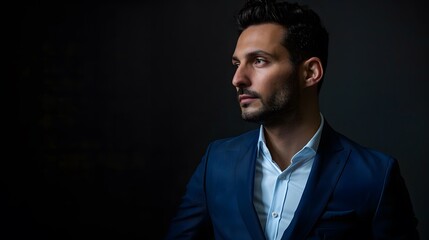 Confident Businessman in Stylish Blue Suit on Black Background