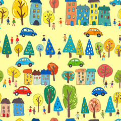 Seamless background with a drawn bright city, houses, trees, people, cars on a yellow background. Children's pattern for packaging design, textiles.