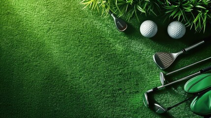 Collection of golf equipment laying on green grass with green background, concet of international Golf Day