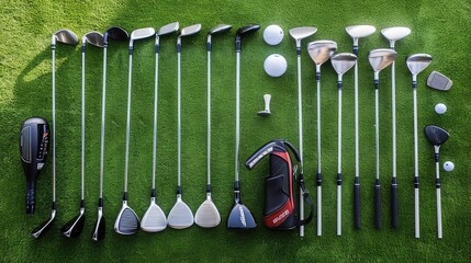 Collection of golf equipment laying on green grass with green background, concet of international...