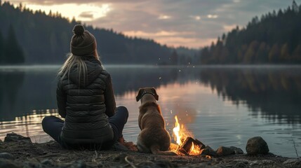 woman in front of a campfire with her dog in front of a lake and a pine forest on a sunset in high resolution - obrazy, fototapety, plakaty