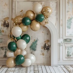 Obraz na płótnie Canvas Green and gold balloons and arch, in the style of matte background