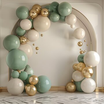 Green and gold balloons and arch, in the style of matte background