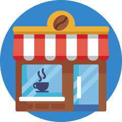 An elegantly designed storefront icon adorned with a steaming coffee mug, evoking the warmth and aroma of a bustling cafe. - obrazy, fototapety, plakaty