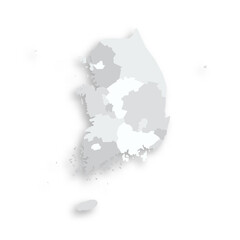 South Korea political map of administrative divisions - provinces, metropolitan cities, special city of Seolu and special self-governing cities of Sejong. Grey blank flat vector map with dropped